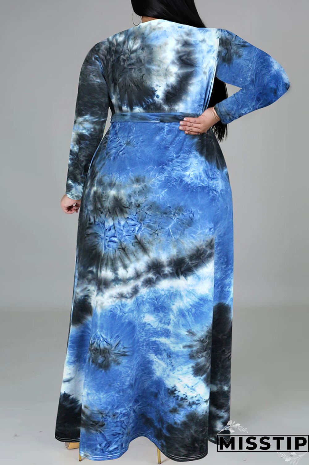 Cyan Fashion Casual Tie Dye Printing V Neck Long Sleeve Plus Size Dresses