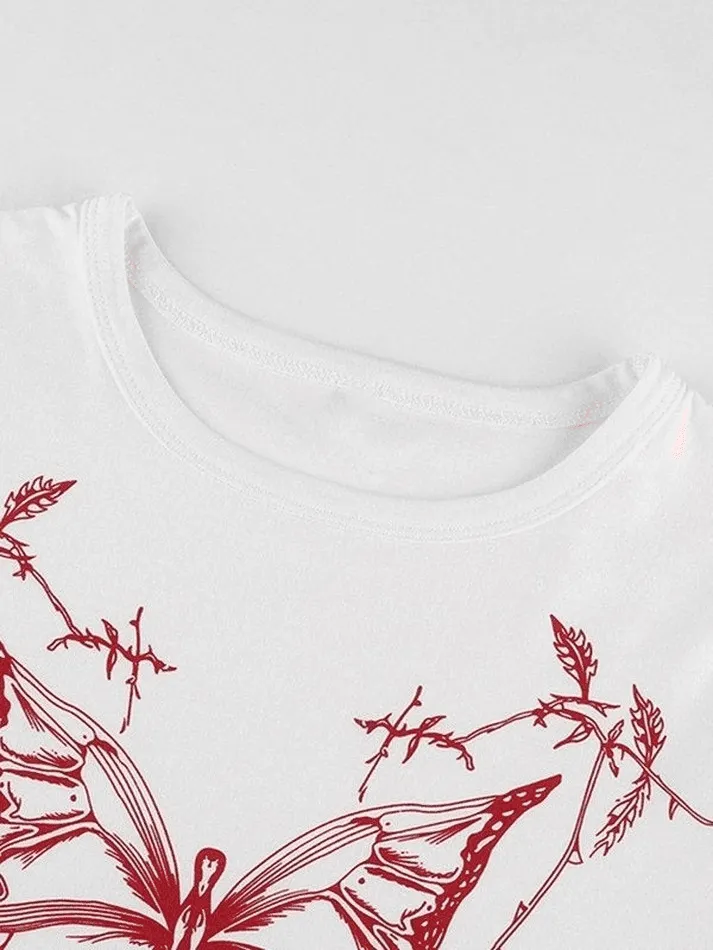 Brownm Butterfly Print White Crop Top