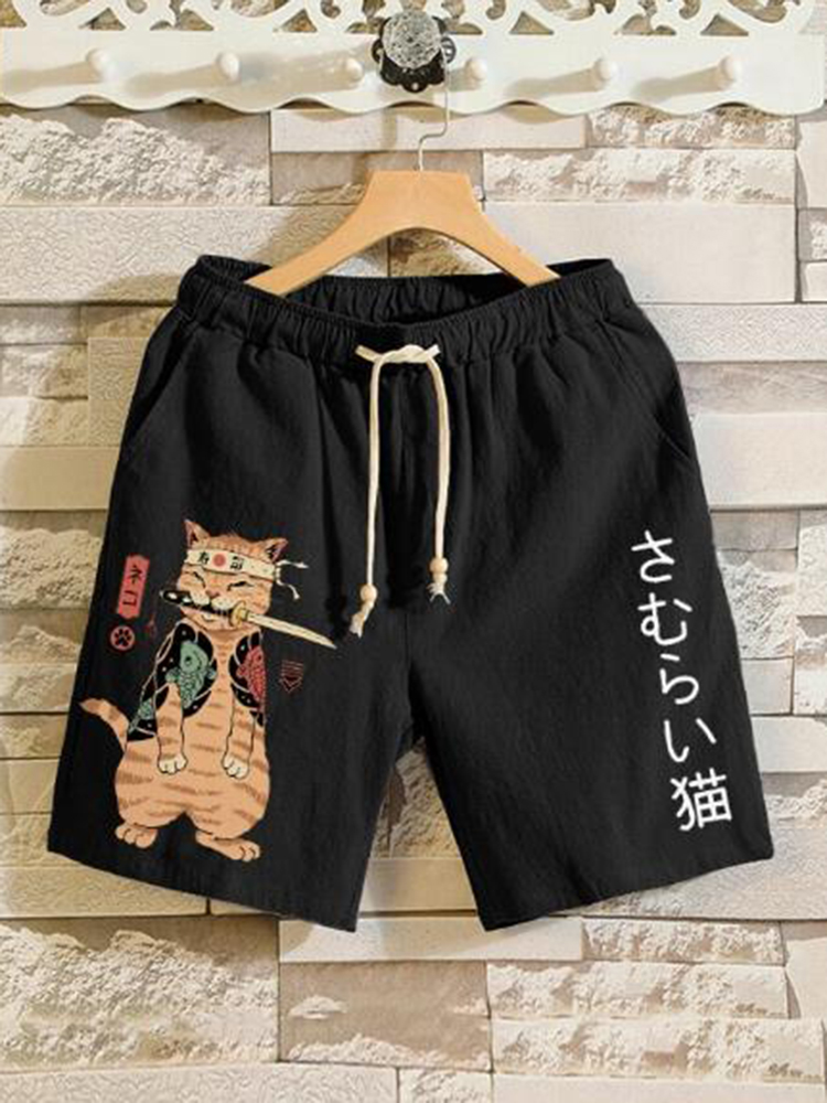 Comstylish Vintage Japanese Cat Art Print Casual Shorts