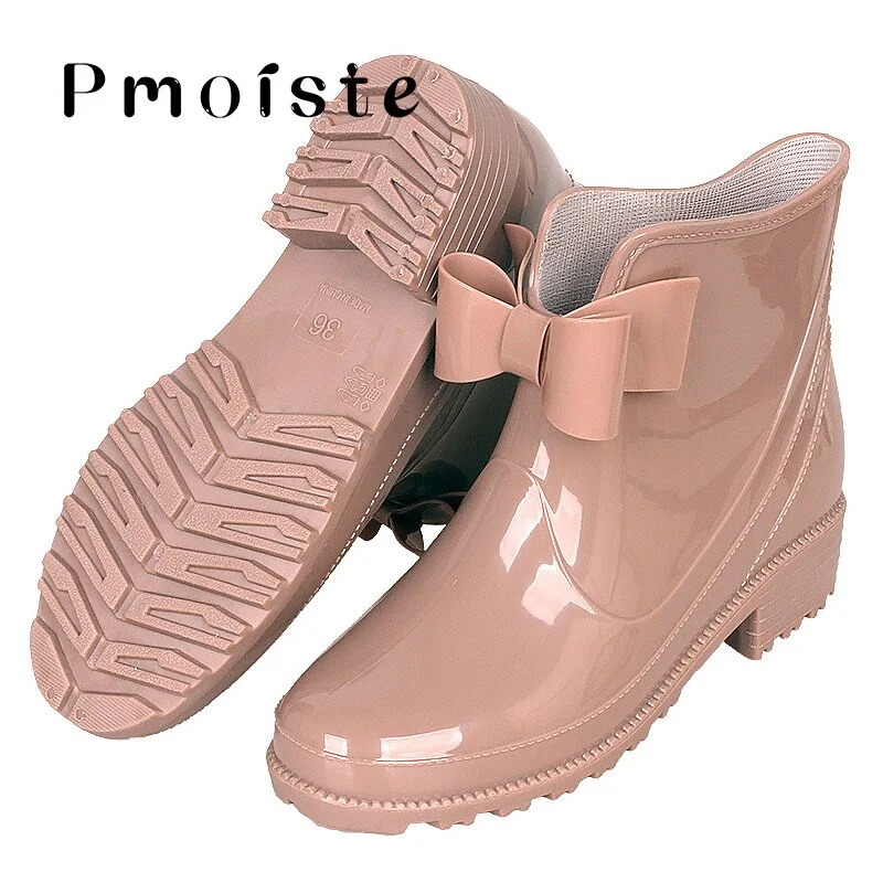 Rain Boots Women Plus Size 43 Fashion Butterfly Knot PVC Solid Waterproof Rubber Boots for Women Slip On