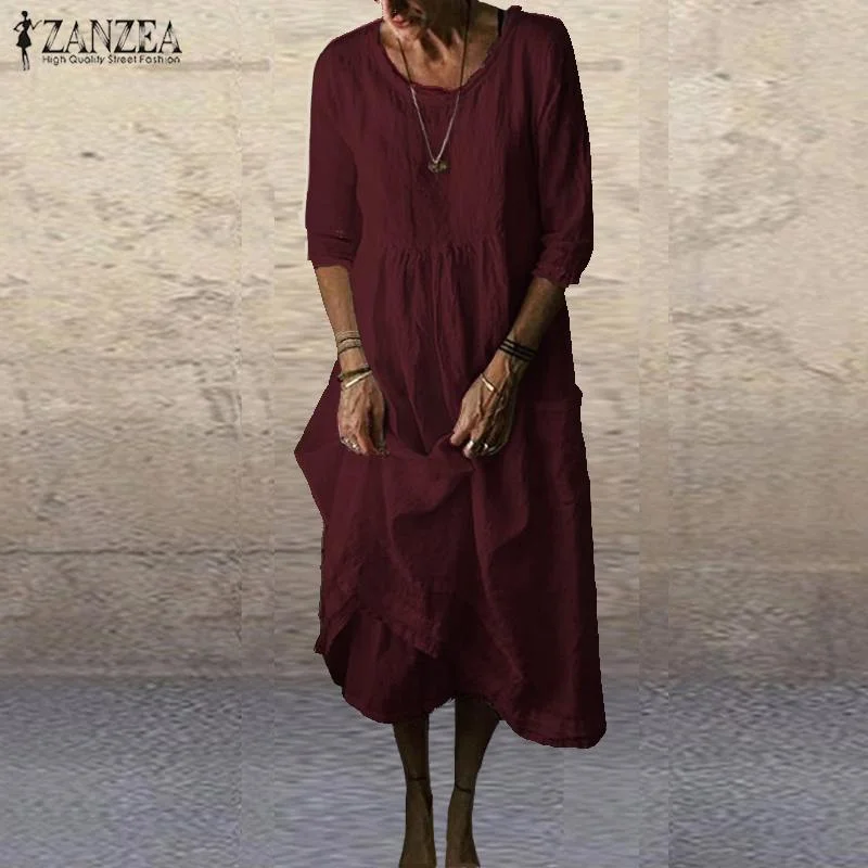 Summer Cotton Linen Dress ZANZEA Women 3/4 Sleeve Solid Autumn Sundress Elegant O neck Loose Work Vestido Robe Femme Dresses