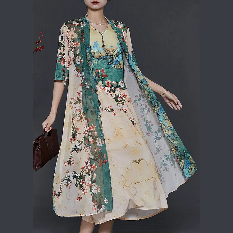 Elegant Apricot Print Chiffon Fake Two Piece Dress Summer