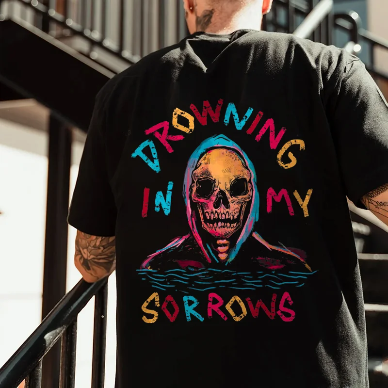 Drowning In My Sorrows Skull Printed Men's T-shirt -  