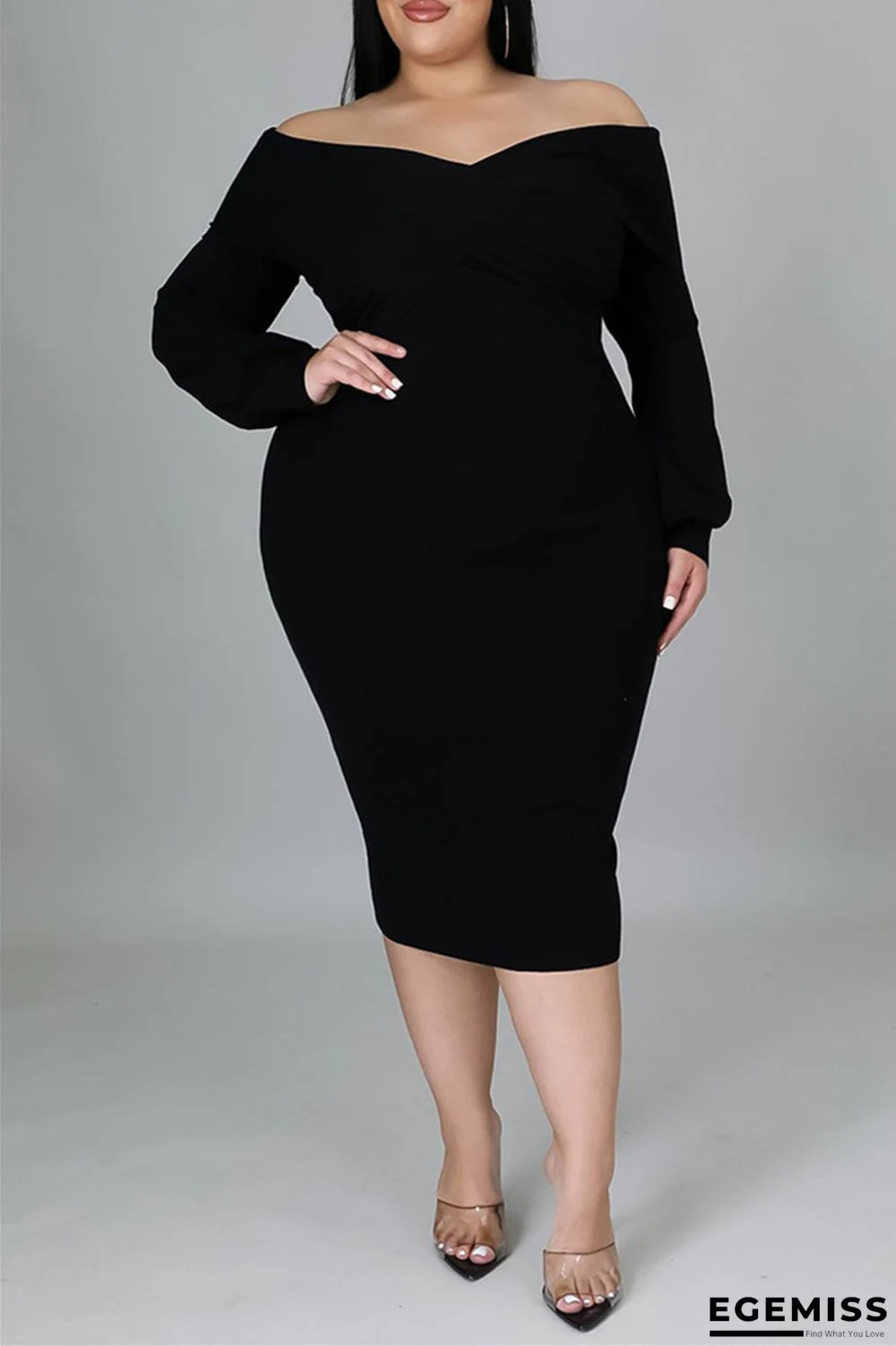 Black Fashion Casual Solid Patchwork Off the Shoulder Long Sleeve Plus Size Dresses | EGEMISS