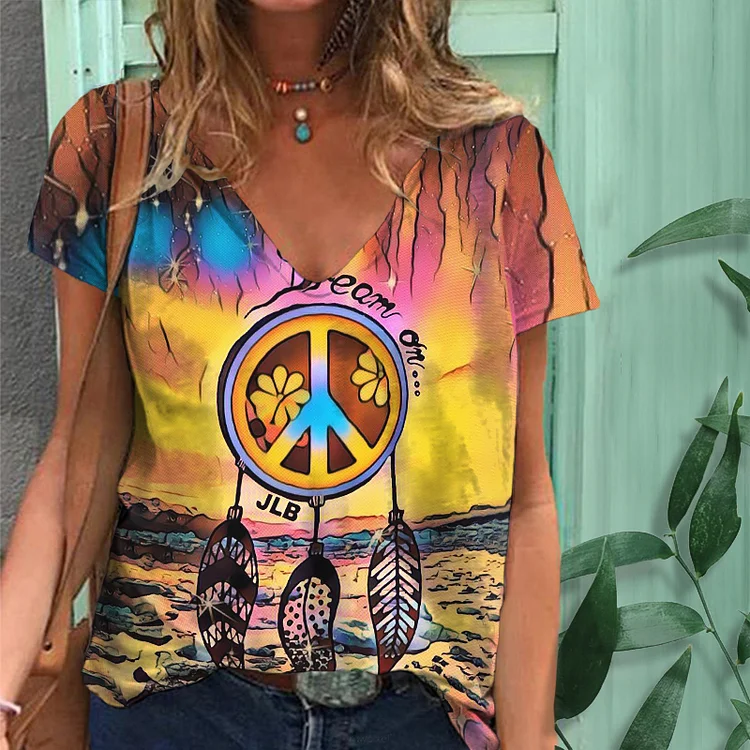 Wearshes Hippie Art Print Casual T-Shirt
