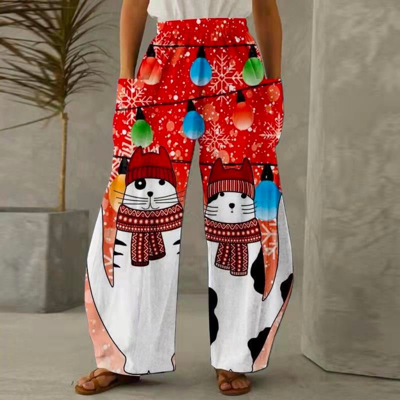 Christmas Cat Print Casual Pants