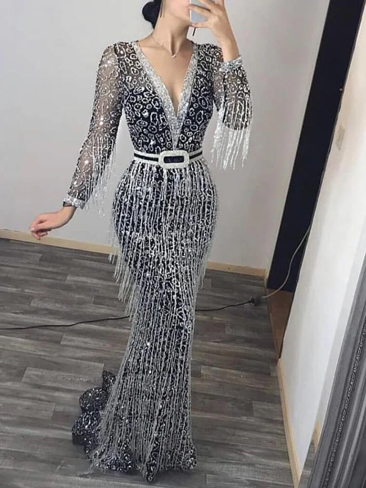 Zachics Deep v neck tassel sequins long sleeves mermaid evening dress-zachics