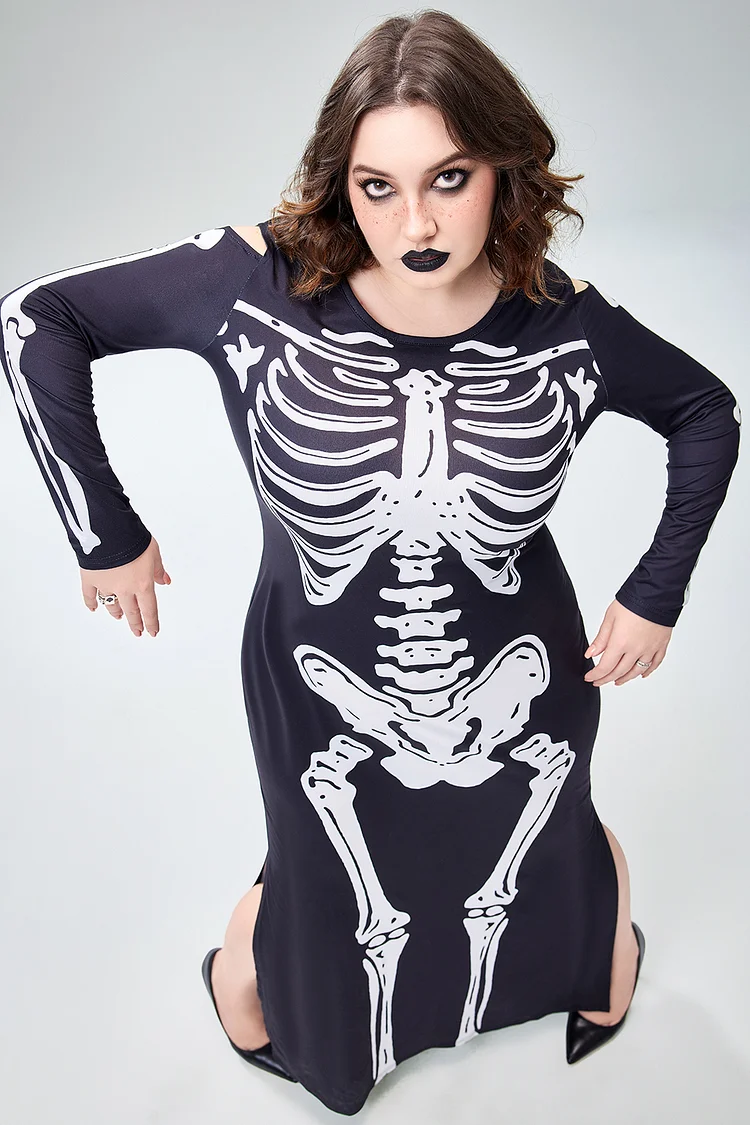 Plus Size Gothic Halloween Costume Skeleton Print Black Long Sleeve Knitted Maxi Dress