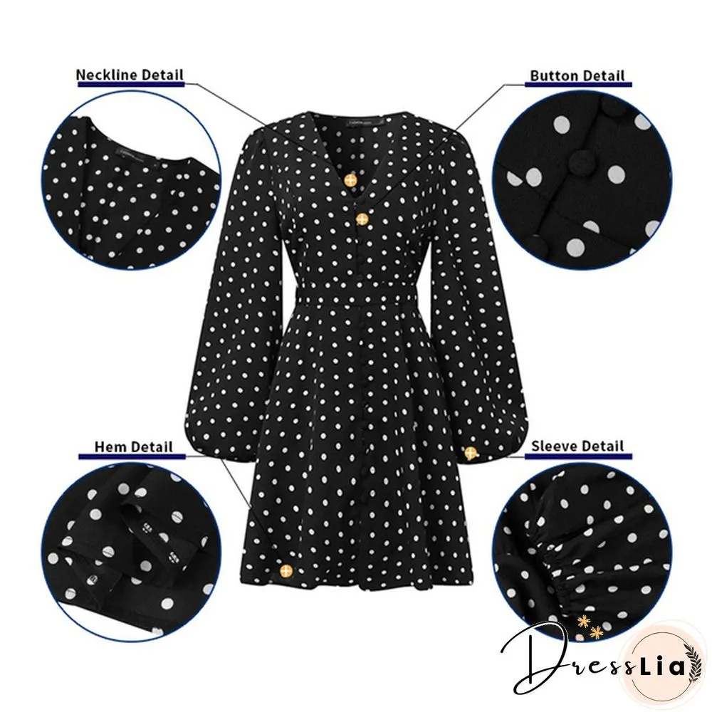 Autumn Spring Dresses Women Stain Silk Polka Dot Puff Long Sleeve V Neck Party Mini A Line Dress Plus Size