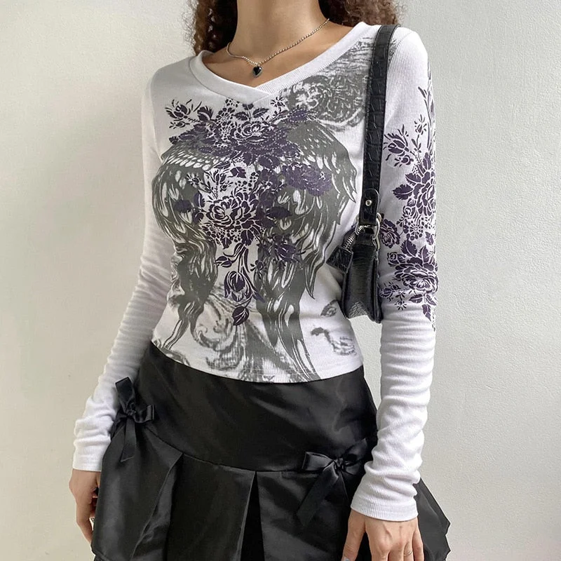 Tawnie Printed Y2K Graphic Women T Shirts 2022 Long Sleeve Tee Shirt Fairy Grunge Fashion Crop Tops Autumn Vintage Clothes