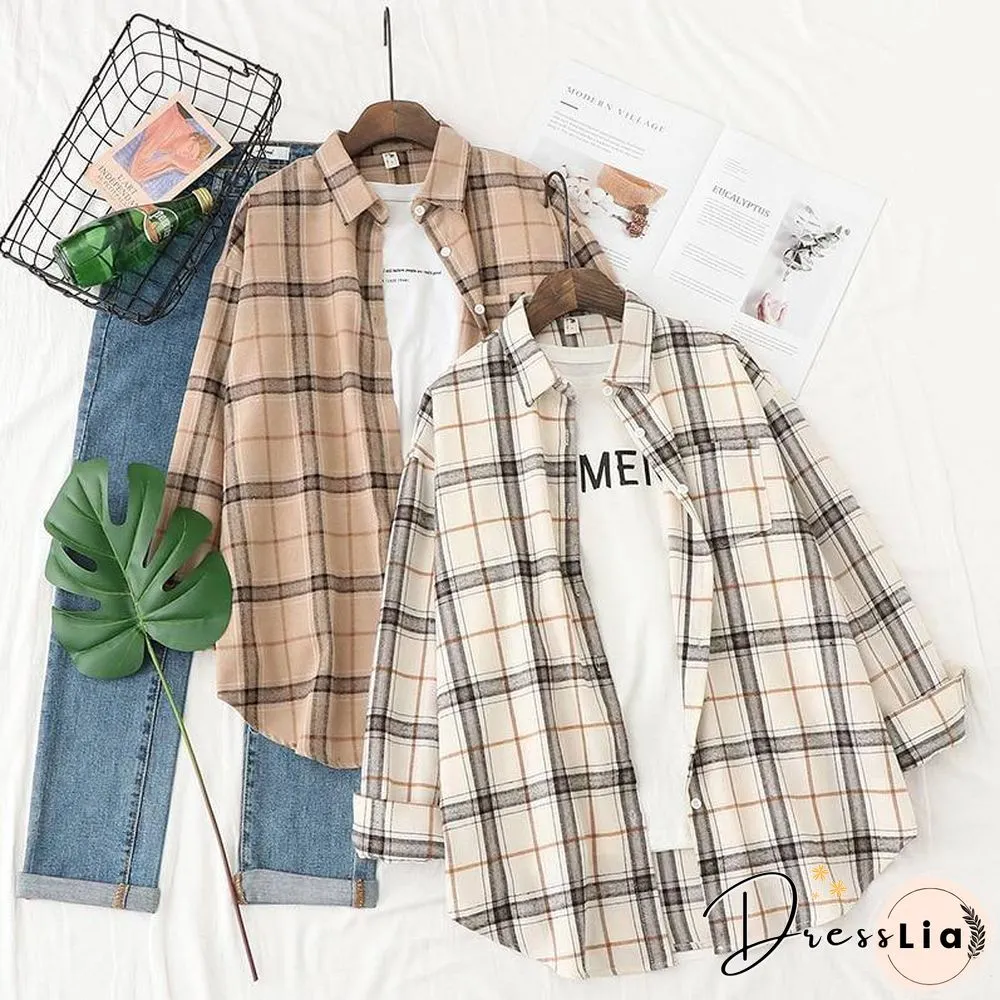 Plaid Shirts Womens Blouses Long Sleeve Lady Checked Tops Loose Female Outwear Casual