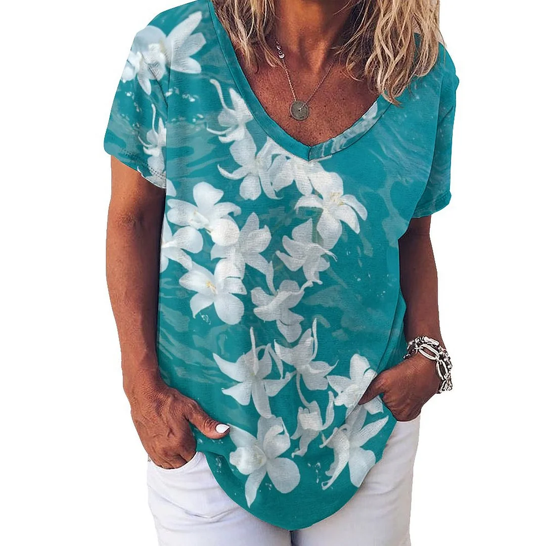 V-neck Short Sleeve Casual T-shirt for  Women Printed with Pattern Turquoise, Floral, Green