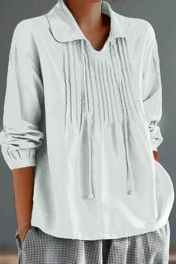 Women's Cotton Lapel Ruffle Tie Long Sleeve Loose Matching Shirt