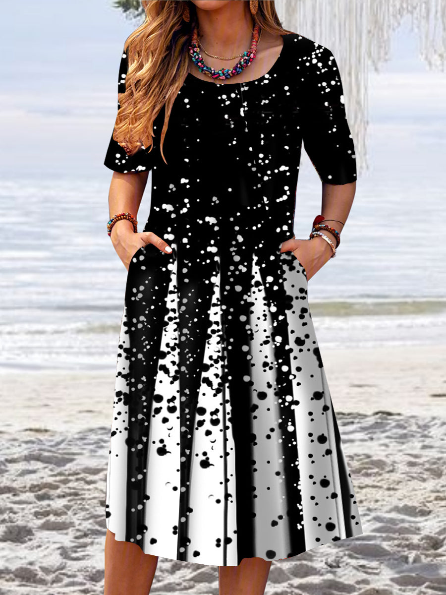 Women Casual Short Sleeve Scoop Neck Colorblock Printed Midi Dress