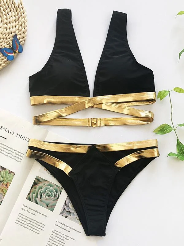 Bandage Black V-Neck Bikini Swimsuit