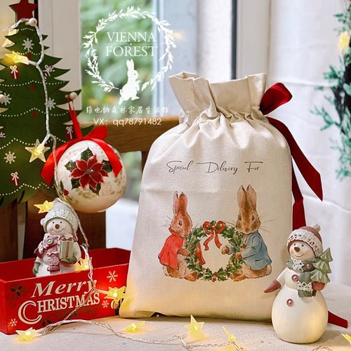 Custom Name Christmas Gift Bag Peter Rabbit's Magic Pocket Printed Jute Drawstring Gift Bag Buggy Bag