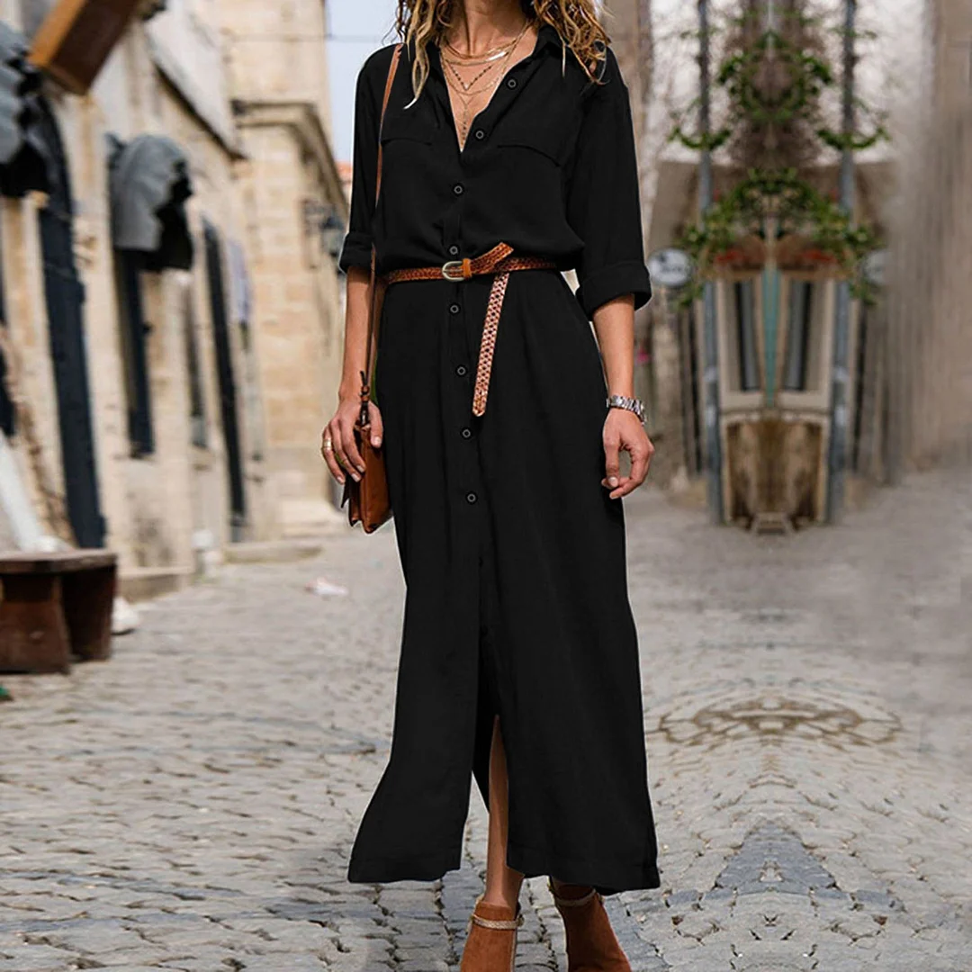 Summer V Neck Boho Party Beach Dress Women 2023 Casual Button Long Sleeve Maxi Dress Long Sleeve Lapel Sundress Female Clothes