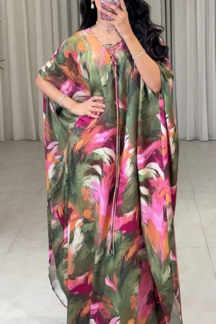 Colorblock Print Lace Up V Neck Batwing Sleeve Kaftan Maxi Dresses-Green