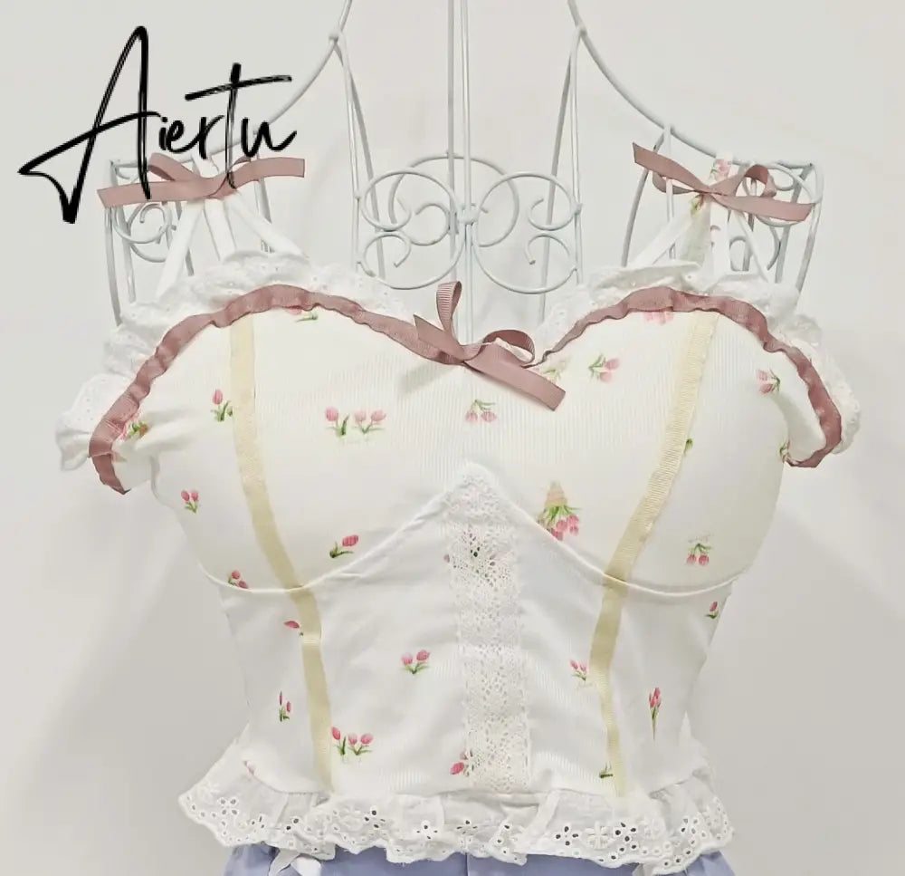 Aiertu  Summer Floral Kawaii Halter Tops Women White Backless Sexy Beach Sweet Cute Tanks Lace Print Party Korean Fashion Clothing Aiertu