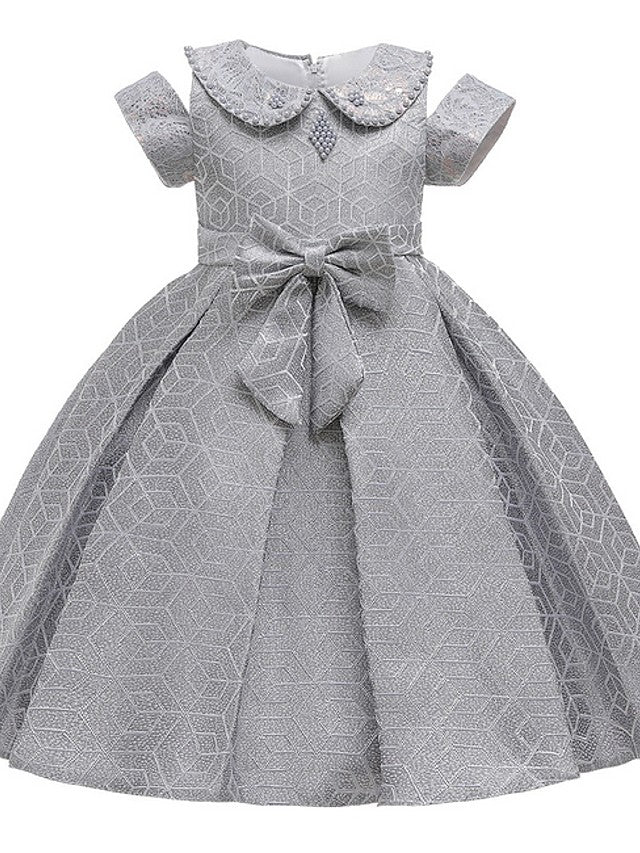 Oknass Ball Gown Short Sleeve Jewel Neck Flower Girl Dresses Satin With Bow Beading