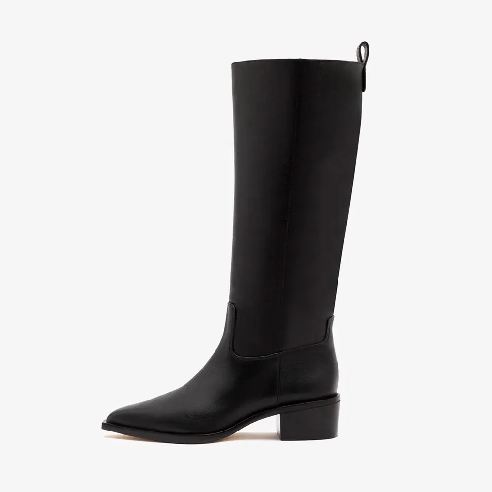 Women's Black Pointed Toe Mid Block Heel Fashion Knee High Boots