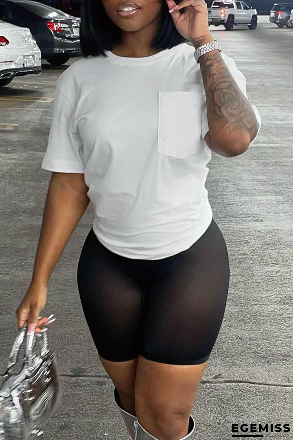 White Fashion Casual Solid Patchwork O Neck Short Sleeve Two Pieces | EGEMISS