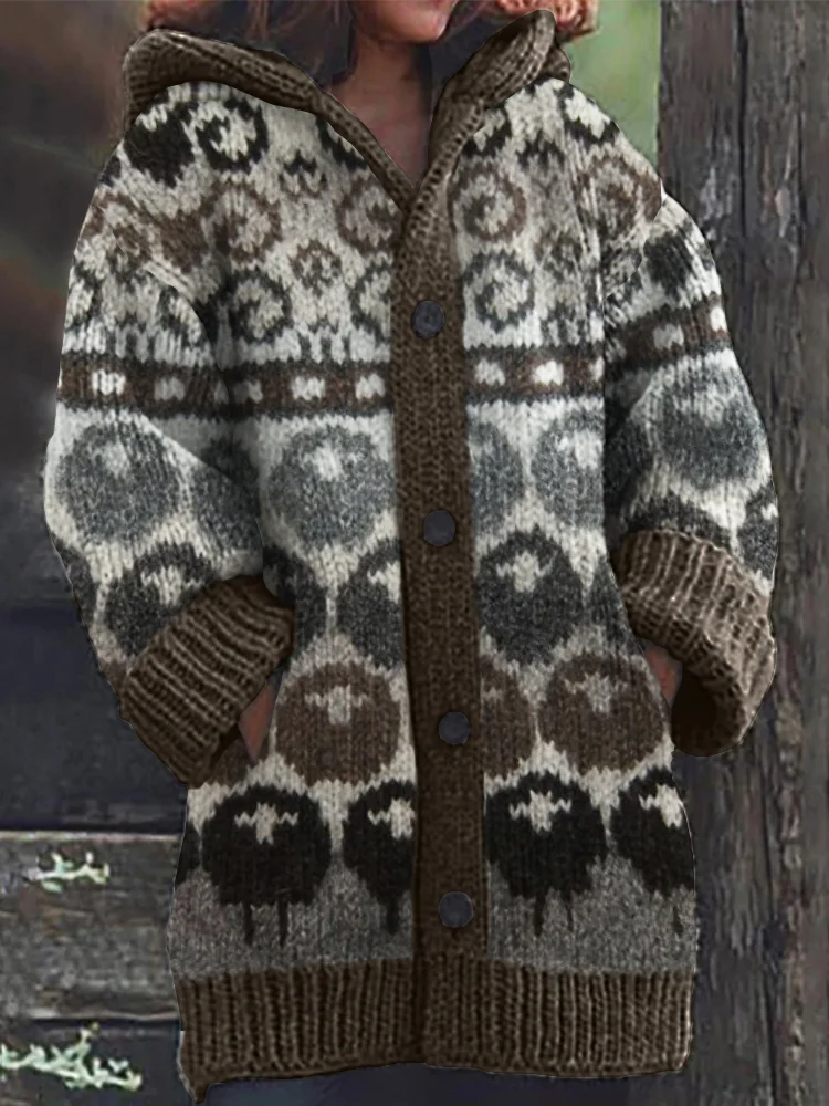Comstylish Vintage Sheep & Goat Pattern Cozy Hooded Cardigan