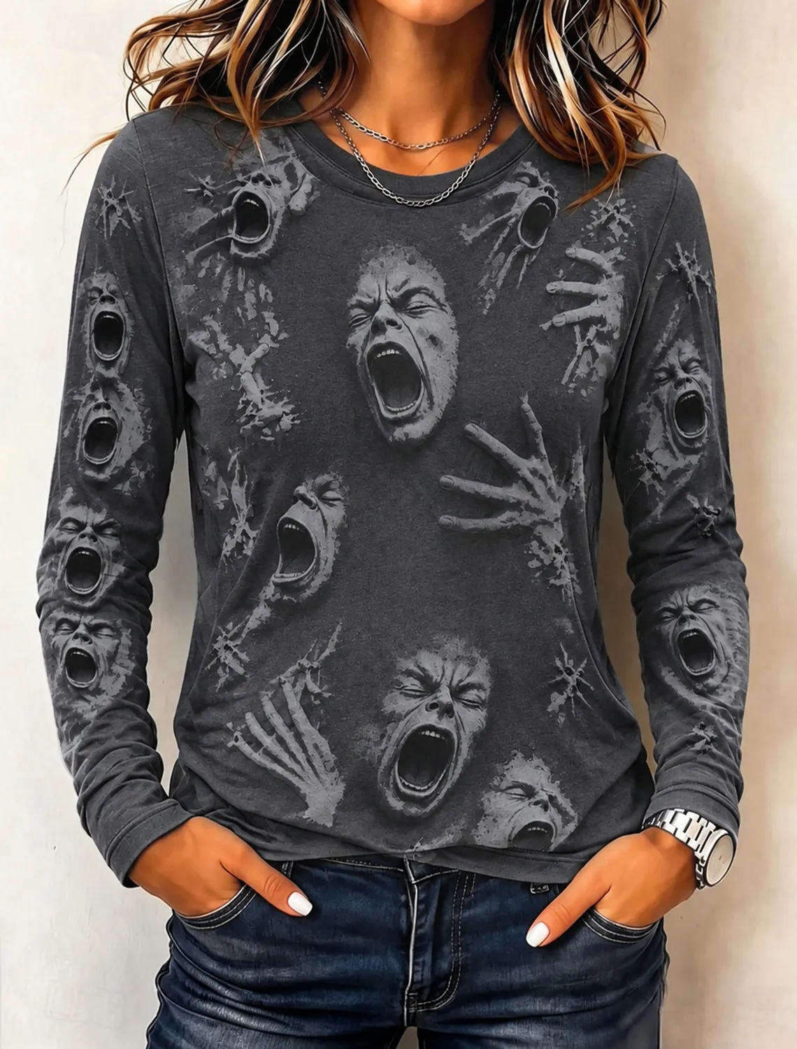 Comstylish Women's Vintage Halloween Horror Face Print Comfy Long Sleeve T-shirt