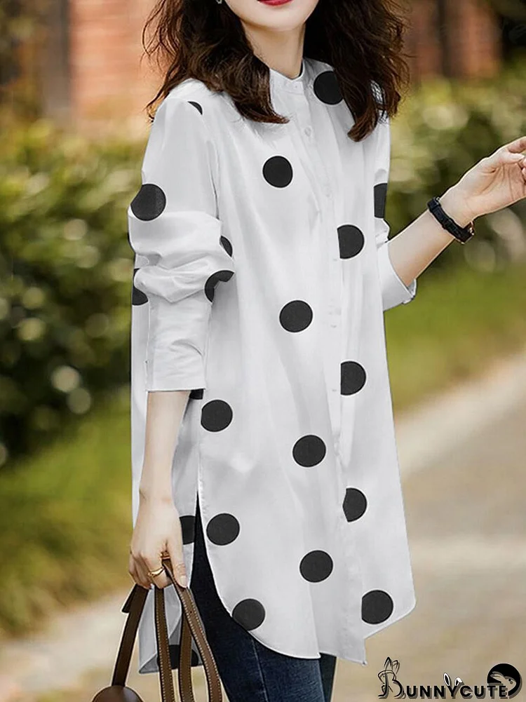 Polka Dot Button Split Long Sleeve Stand Collar Casual Shirt