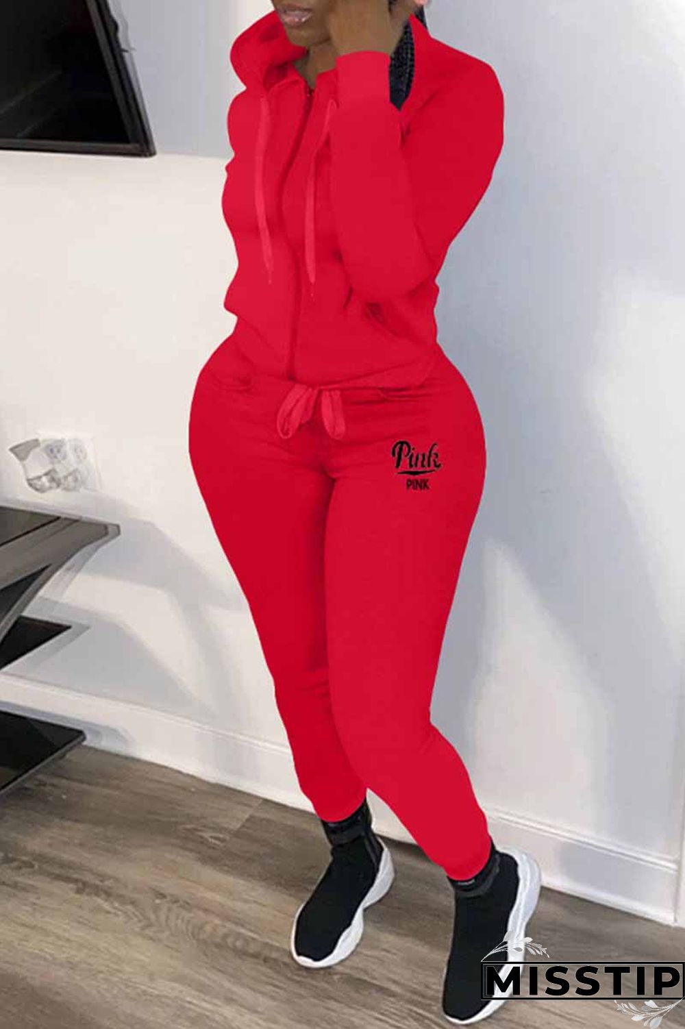 Red Casual Letter Print Patchwork Hooded Collar Long Sleeve Two Pieces