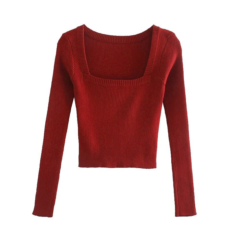 TRAF Women Fashion Stretch Slim Cropped Knitted Sweater Vintage Square Collar Long Sleeve Female Pullovers Chic Tops