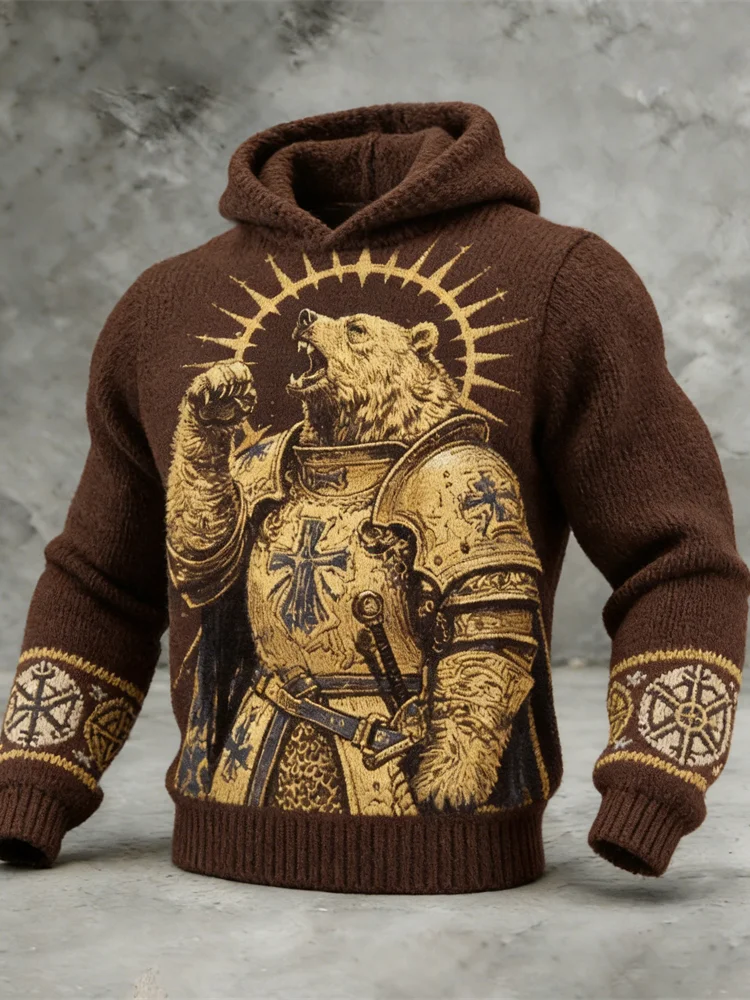 Viking Giant Bear Animal Warrior Art Men's Knit Hooded Sweater
