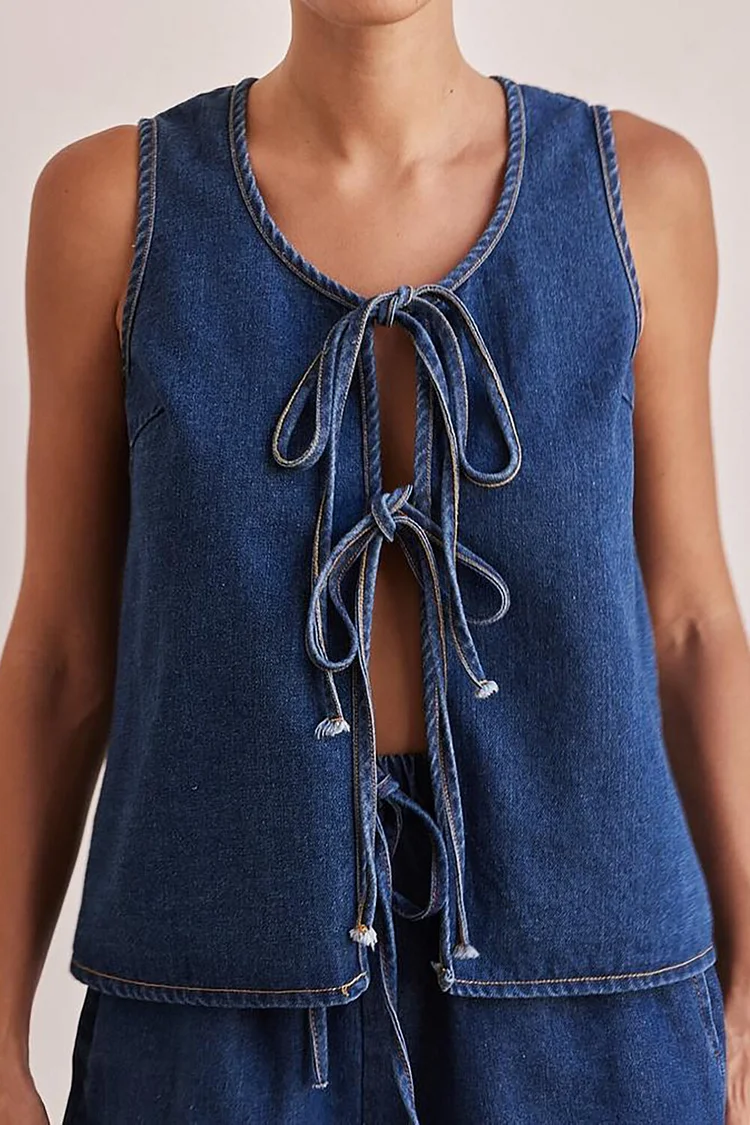 Tie Up Round Neck Sleeveless Top Denim High Waist Shorts 2pcs Set-Navy