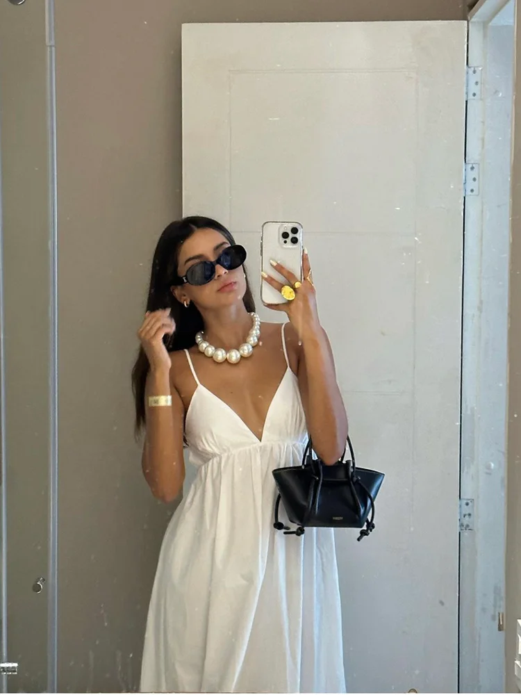 Women's White Elegant Halter Pure V Neck Sexy Backless Spaghetti Strap Long Beach Holiday Casual Party Maxi Dresses