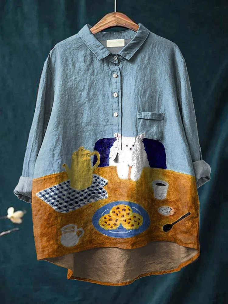 Cute White Cat Sitting At Dining Table Decorative Pattern Casual Cotton And Linen Shirt