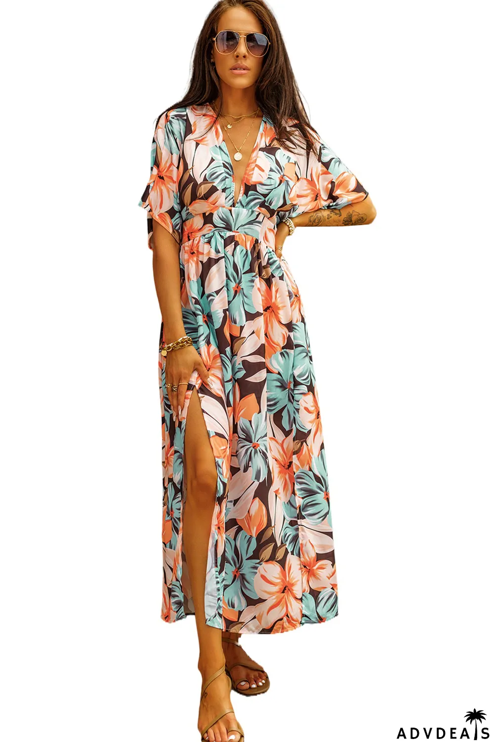 Orange Floral Kimono Long Dress with Slit
