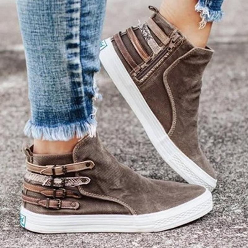 Pongl 2020 Women Ankle Boots Gladiator Denim Flats Booties Autumn Flat Shoes Woman Sneaker Causl Zipper Fashion Female ShoesNew