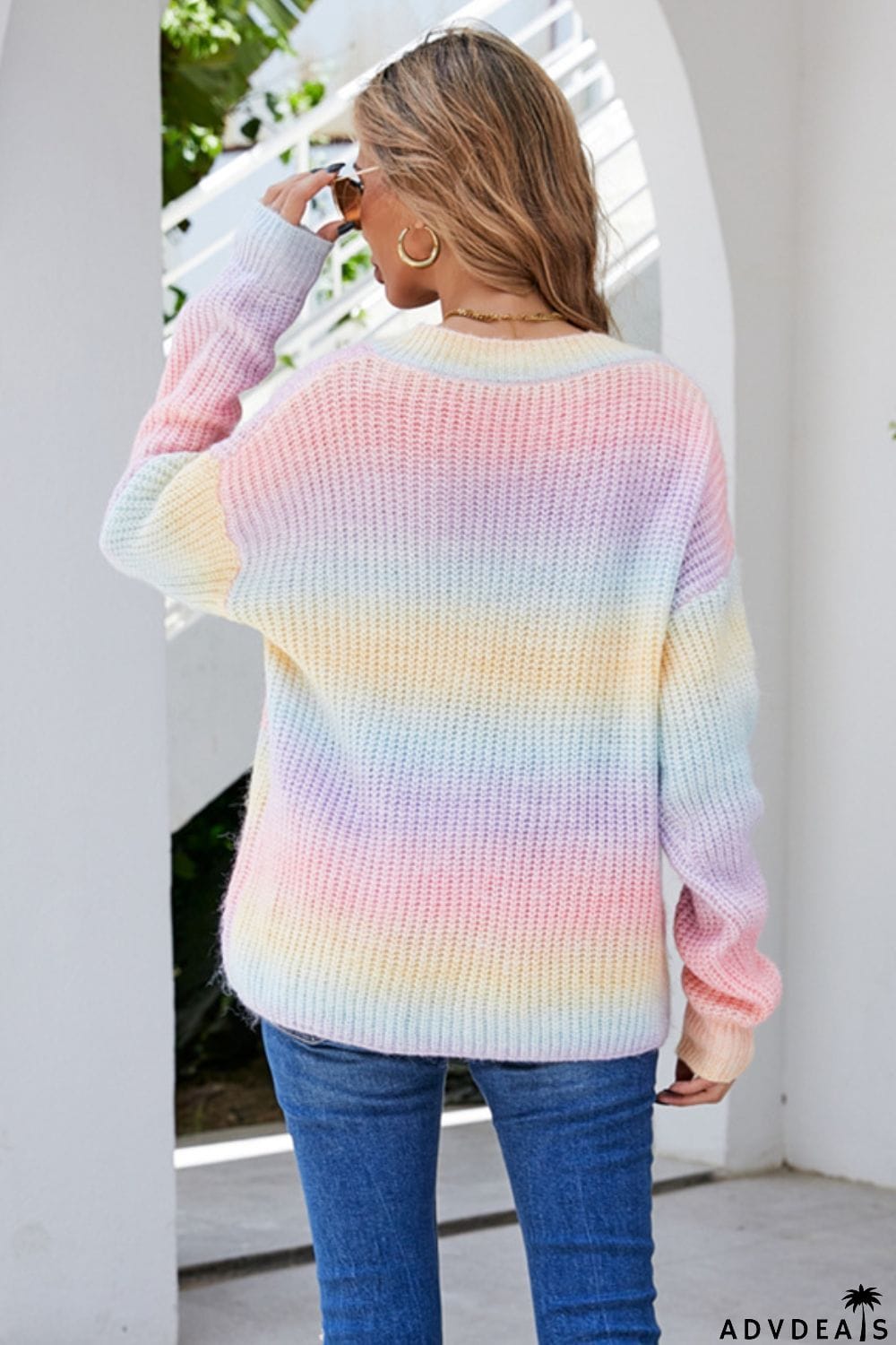 Multicolored V-Neck Rib-Knit Sweater
