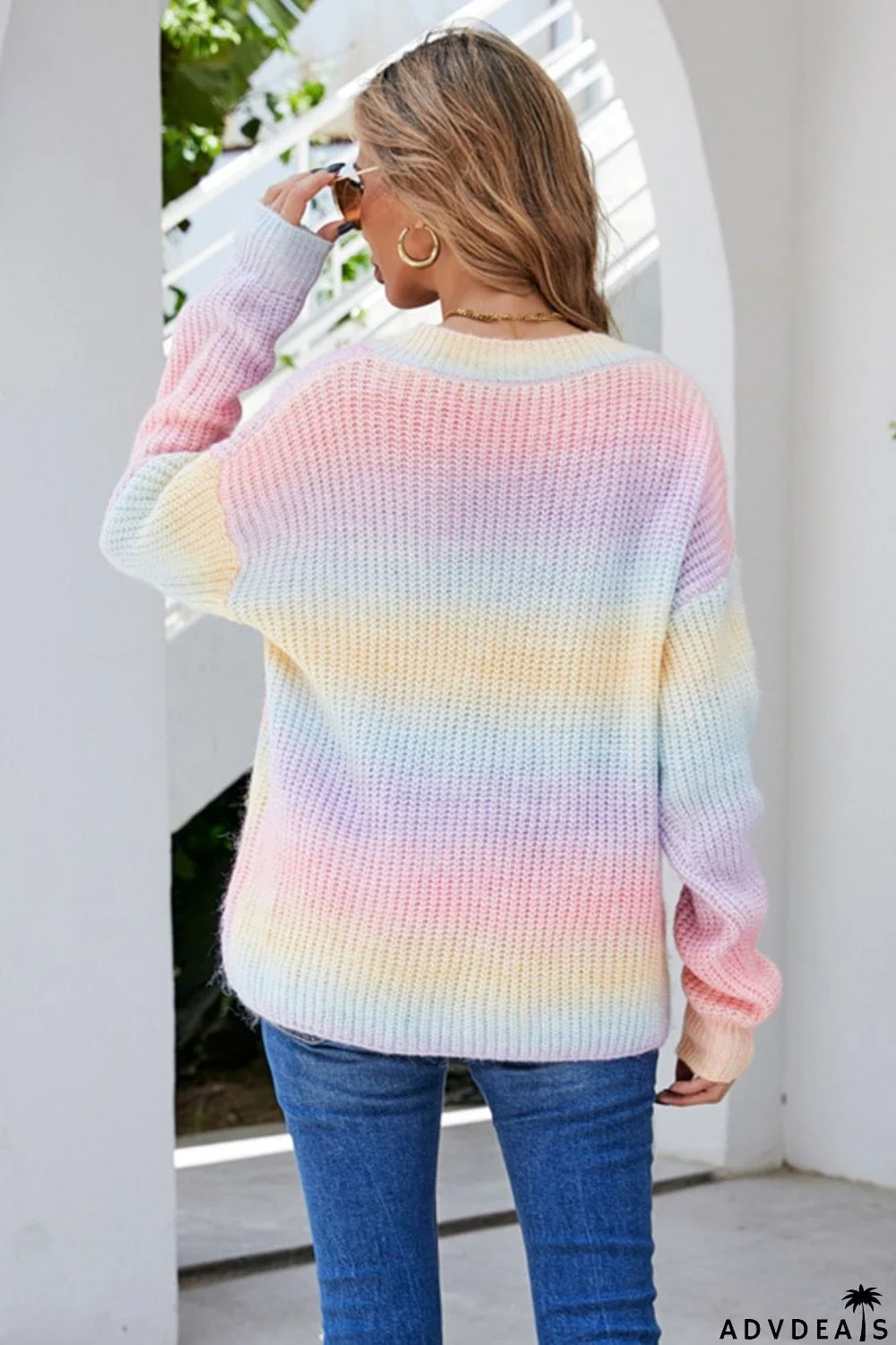 Multicolored V-Neck Rib-Knit Sweater