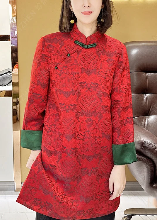 Jacquard Red Stand Collar Button Silk Blouses Long Sleeve