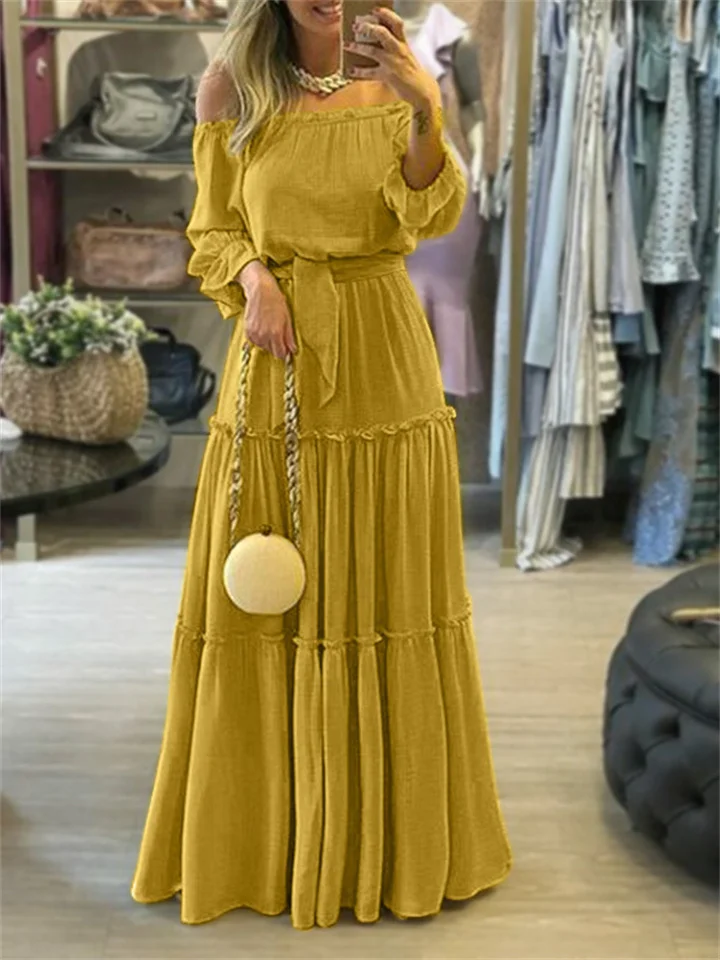 Summer Lace-up Ruffle Bohemian Sexy Strapless Long Dresses Women's Dresses-JRSEE