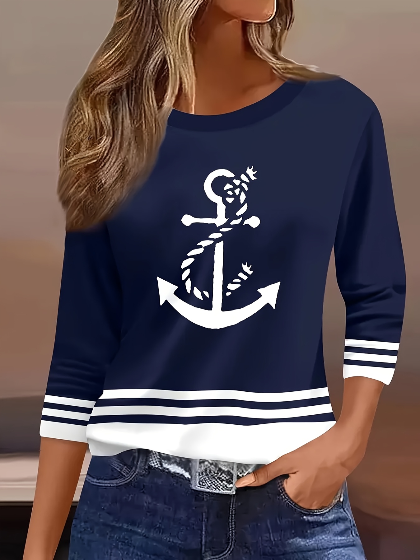 Women's Navy Blue & White Striped Nautical Anchor Long Sleeve T-Shirt - Three-Quarter Sleeve Casual Round Neck Top, Comfort Fit All-Season Machine Washable For Spring Summer Fall, Seasonal Fashion, Relaxed Style, Comfortable Fabric, Striped Top | IFYHOME