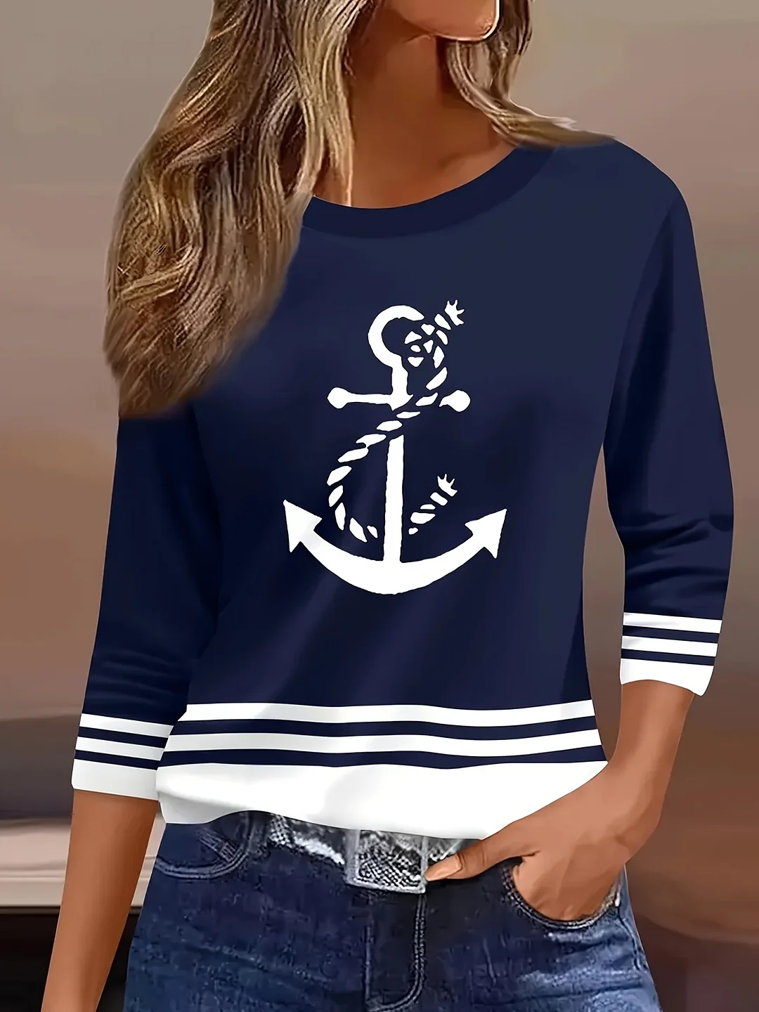 Women's Navy Blue & White Striped Nautical Anchor Long Sleeve T-Shirt - Three-Quarter Sleeve Casual Round Neck Top, Comfort Fit All-Season Machine Washable For Spring Summer Fall, Seasonal Fashion, Relaxed Style, Comfortable Fabric, Striped Top | IFYHOME