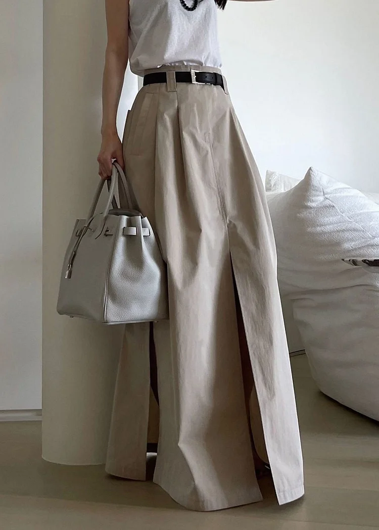 French Khaki Wrinkled Pockets Side Open Patchwork Cotton Maxi Skirts Fall