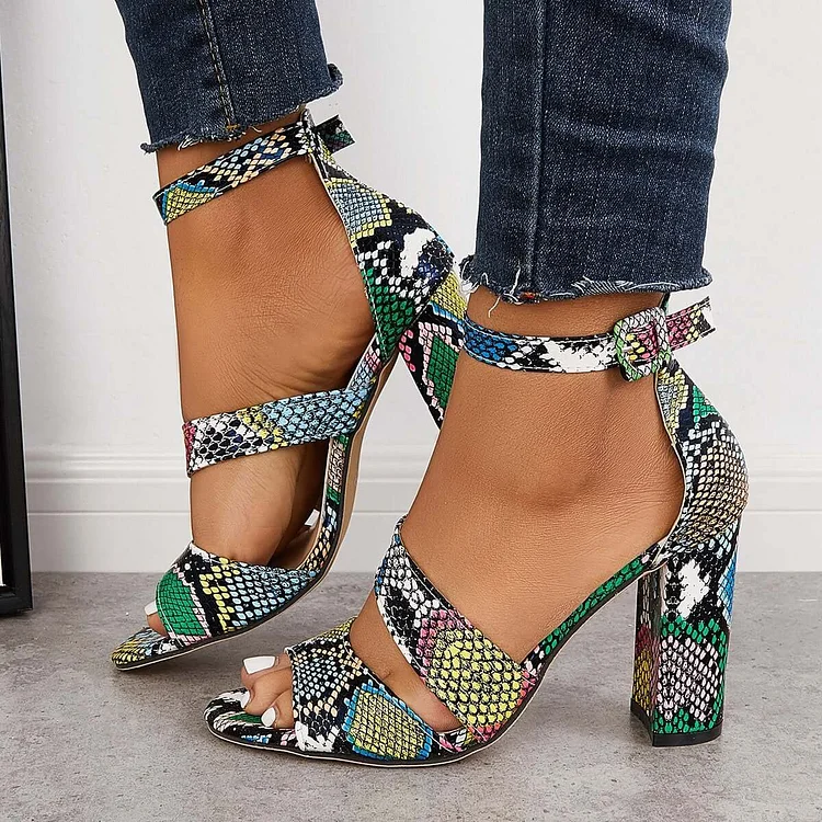 HUXM Chunky Block High Dress Heels Open Toe Ankle Strap Sandals