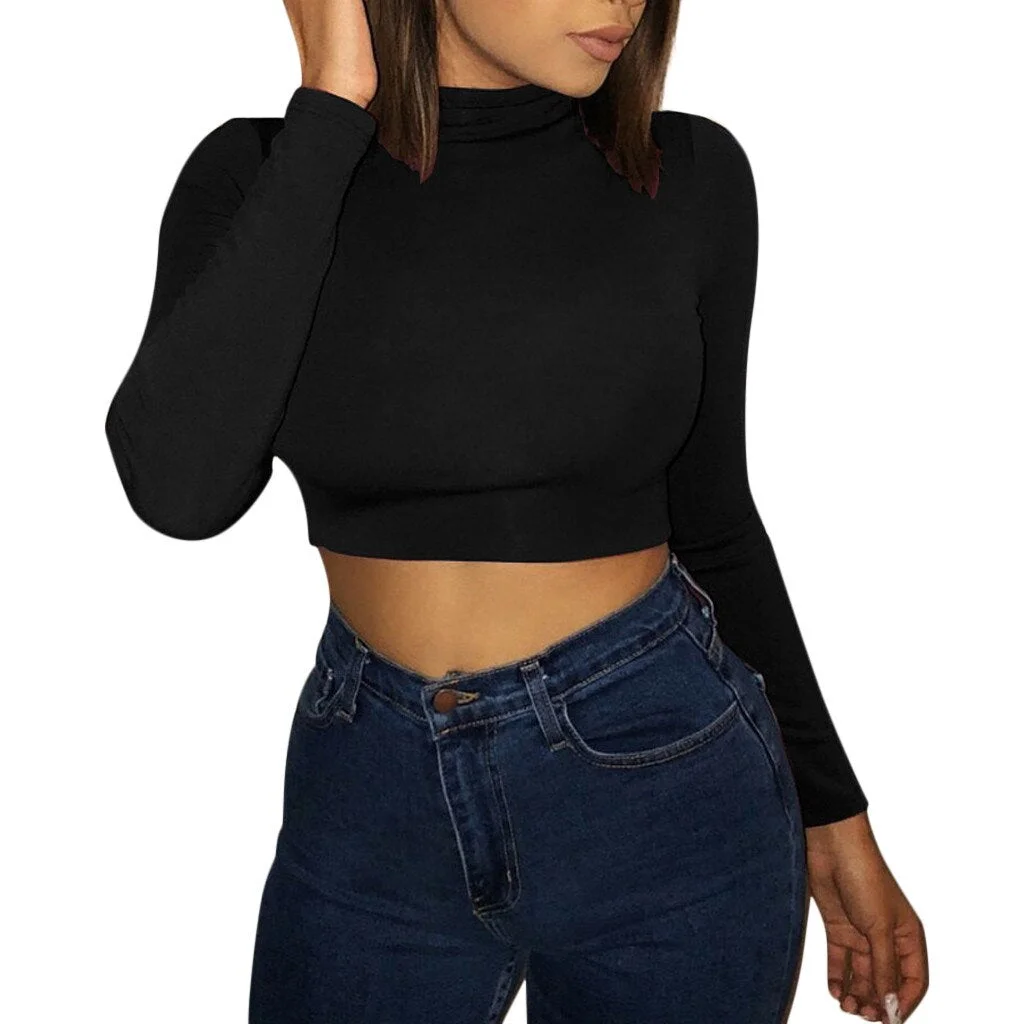 Crop Top Woman T-shirt Basic Tops Exposure Of Navel Long Sleeve O-neck Solid Color Slim Tee Shirt Tops Women 2021 Femme T-shirts