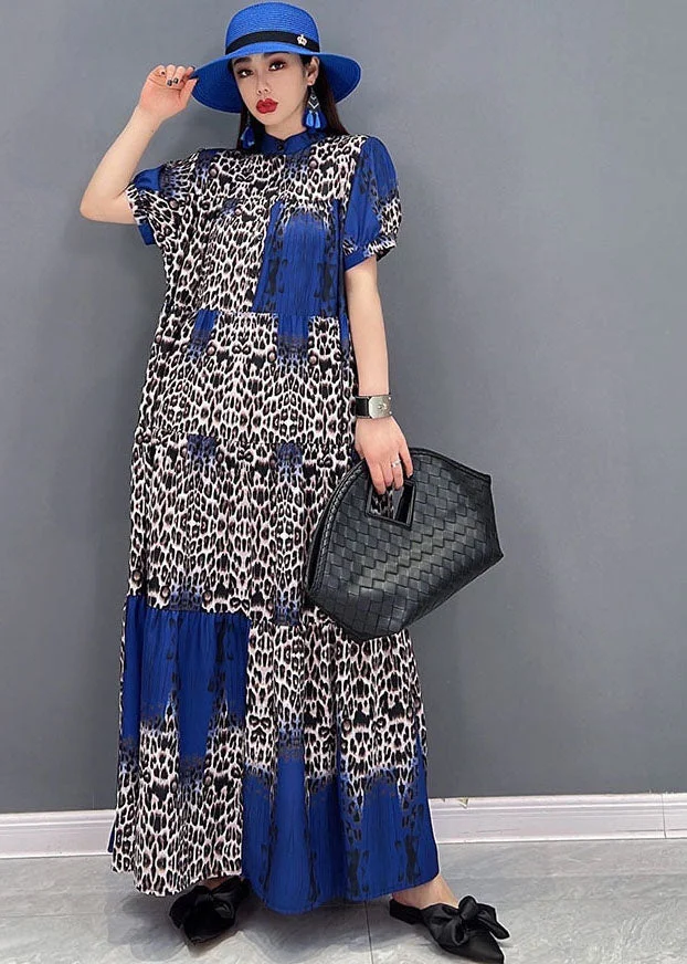 Boutique Colorblock Stand Collar Leopard Print Chiffon Vacation Dresses Short Sleeve