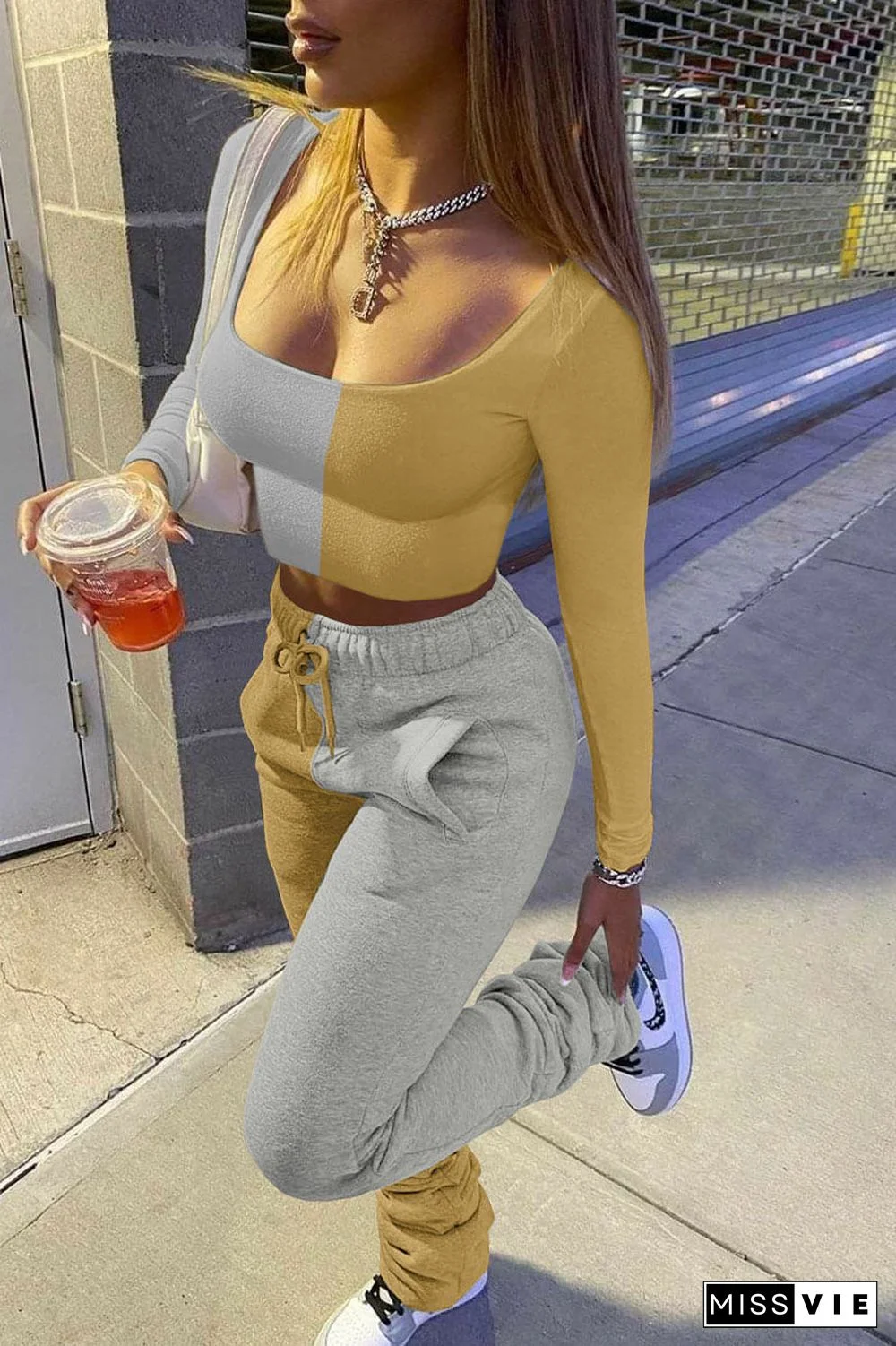 Sexy Solid Patchwork Fold U Neck Long Sleeve Two Pieces(3 Colors)