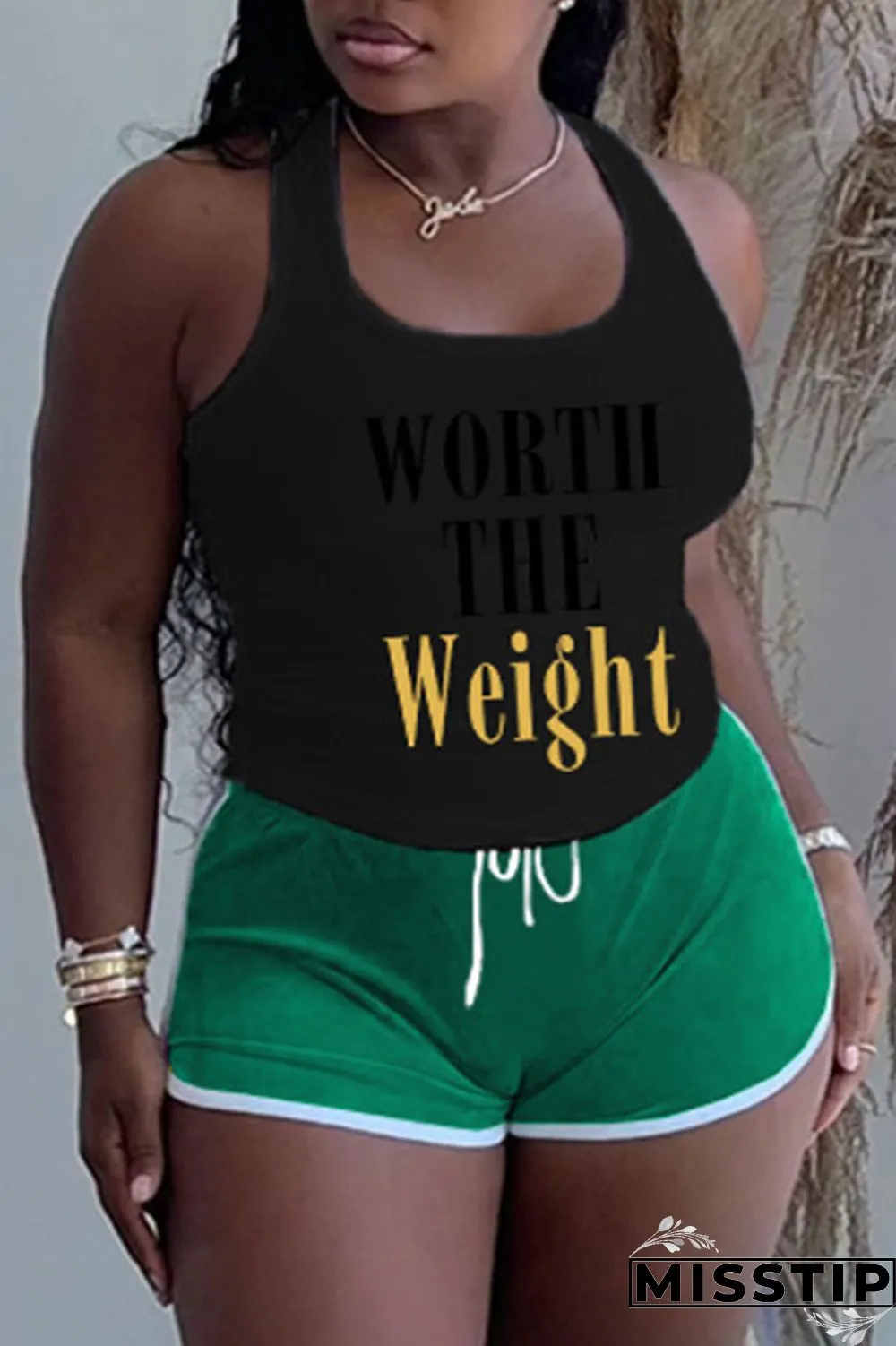 Grey Plus Size Casual Letter Print Patchwork U Neck Plus Size Two Pieces