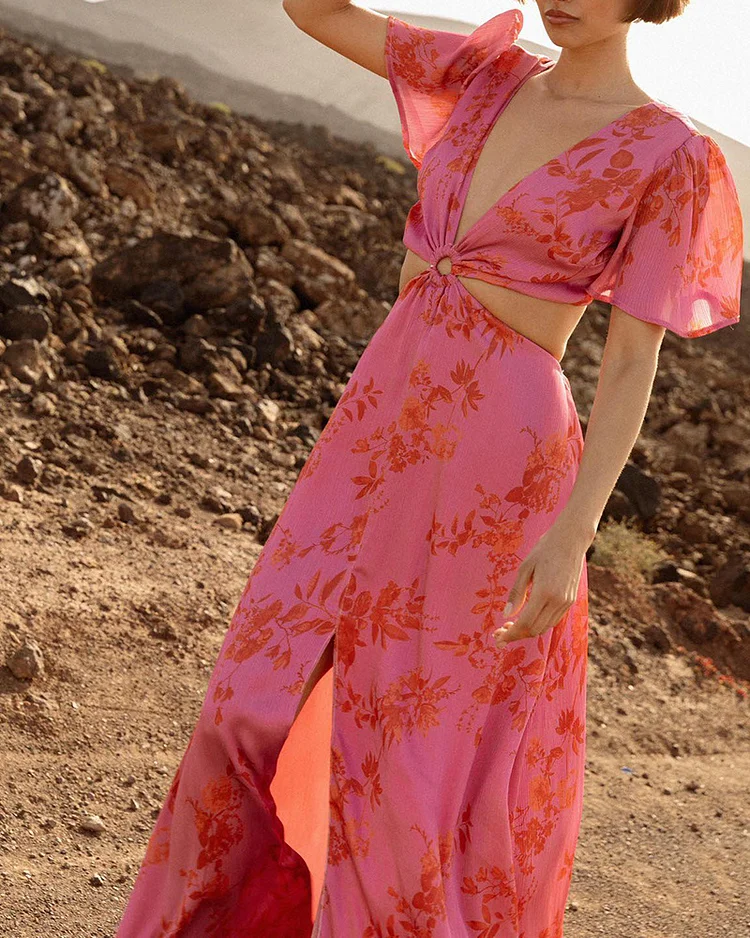 Fashion Short Sleeve Waist Design Floral Long Dress